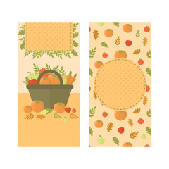 Flyers with vegetables and fruits in a basket on the kitchen table, illustration on the theme of Thanksgiving - 699282484
