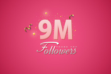 9000 followers card light Pink 9M celebration on Pink background, Thank you followers, 9M online social media achievement poster, 