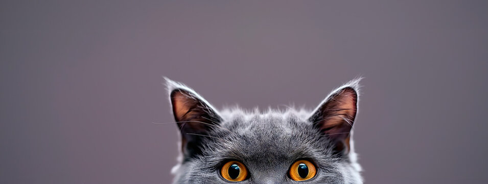 Charming Grey British Cat Playfully Peeking Behind a White Table, Offering Copy Space for Your Creativity.