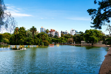 Rosario Argentina, Independence Park. Panoramic view of the lake with colorful boats. Touristic point of Rosario.