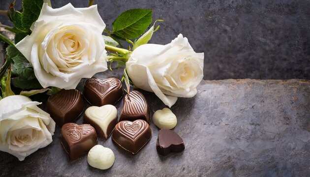 Chocolates and roses on stone for Valentine's Day, Mother's Day, Weddings, and more.