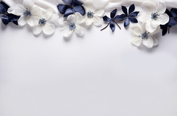 Mockup image close up white flowers and navy silk on white background. Banner, card, invitation and branding design concept