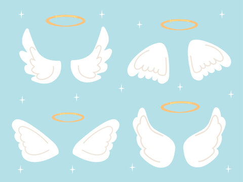 Flat vector illustration of wings with a halo. Angel wings on a blue background.