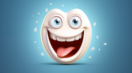 Cartoon tooth with eyes, on a blue background with copy space, dentistry, dentist, oral health	