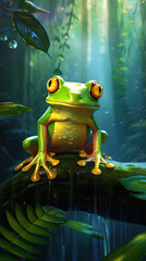 Anthropomorphic frog, depicted against the background of a tropical forest