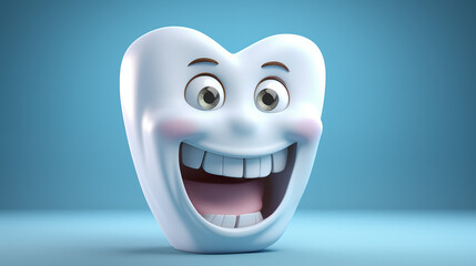 Cartoon tooth with eyes, on a blue background with copy space, dentistry, dentist, oral health