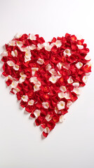 A luxurious white carpet with red petals of roses, creating the shape of a heart