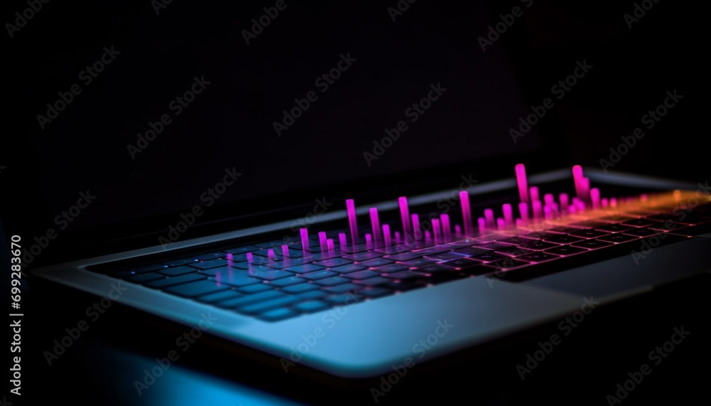 Sticker modern computer equipment illuminated in blue, creating a futuristic background generated by ai