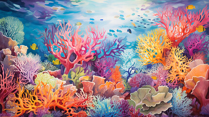 Fototapeta na wymiar Vivid and diverse coral reef bustling with marine life, showcasing the underwater splendor. For educational content, travel and tourism promotions, environmental conservation campaigns