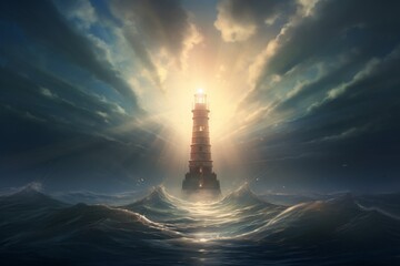 A serene depiction of a lighthouse casting a light beam across a calm sea, guiding ships, metaphor for guidance in development - obrazy, fototapety, plakaty