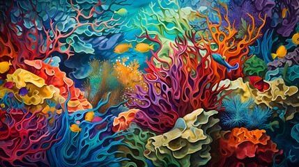 Naklejka na ściany i meble Kaleidoscope of life in a dynamic coral reef ecosystem teeming with colorful fish and corals