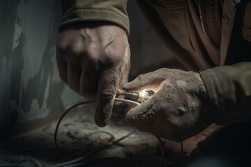 A tradesman punches a hole in concrete for electrical cables - interior design - concealed electrification. Generative AI