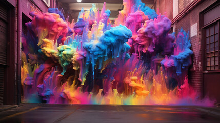 Iridescent splashes of paint collide in a digital explosion, transforming an urban landscape into a...
