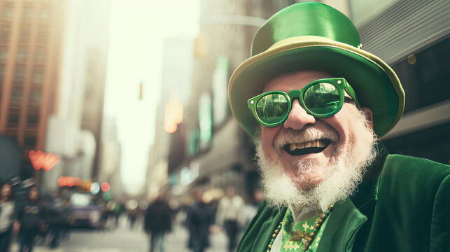 A man dressed as a Leprechaun at a St. Patrick's Day parade.