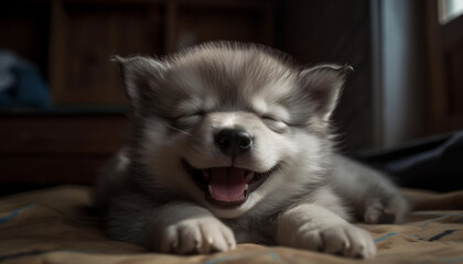 Cute puppy sleeping, fluffy and small, indoors, peaceful and adorable generated by AI