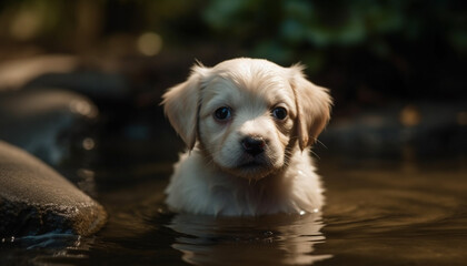 Cute puppy sitting outdoors, looking at camera, wet and playful generated by AI