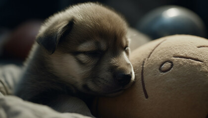 Cute puppy playing with a toy, resting on a soft bed generated by AI