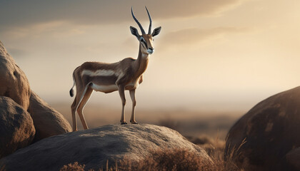 One animal standing in the sunset on the African savannah generated by AI