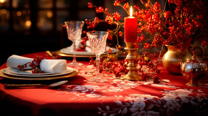 Christmas table with candles, plates and red napkins in front of Christmas trees on bokeh and warm brown background