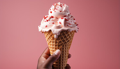Hand holding ice cream cone, indulging in sweet summer treat generated by AI