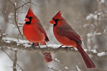 Male and female Northern Cardinal on a branch in winter