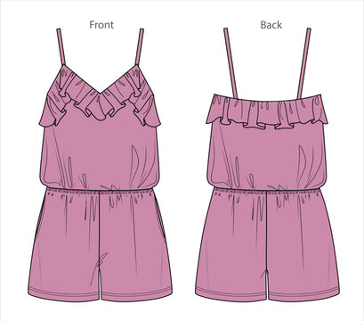 Vector jumpsuit with elastisized waistband fashion CAD, summer woman short romper with shoulder straps and frills technical drawing, template, flat, sketch. Jersey or woven fabric jumpsuit, pink color