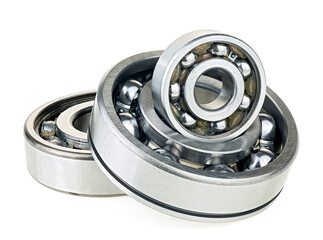 Group of metal bearings isolated on a white background. Steel ball bearings.
