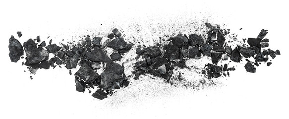 Pieces of black charcoal isolated on a white background, top view. Black coal pile. - obrazy, fototapety, plakaty