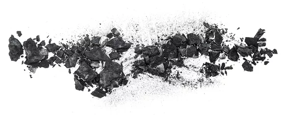 Foto op Canvas Pieces of black charcoal isolated on a white background, top view. Black coal pile. © domnitsky