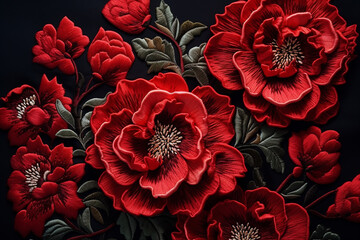 Beautiful Multi-Color Flowers Embroidered on Dark Fabric - Exquisite Floral Decor for Fashion and Textiles - Created with Generative AI Tools