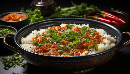 Healthy vegetarian meal with fresh vegetables, rice, and cilantro garnish generated by AI