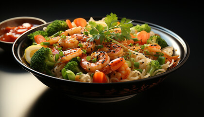 Fresh seafood salad with grilled prawns, pasta, and vegetables generated by AI