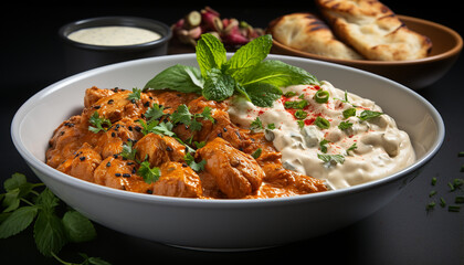 Fototapeta premium Gourmet meal fresh meat, cooked healthy, homemade, savory sauce generated by AI