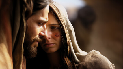 Jesus Christ with a sad woman hugging him - obrazy, fototapety, plakaty