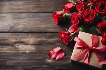 Naklejka na ściany i meble Happy Valentine's Day with red roses on rustic wooden background