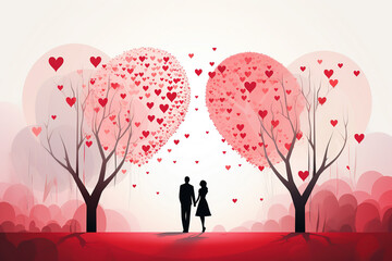 Happy valentine day. A creative composition of hearts on top of the silhouette of a couple