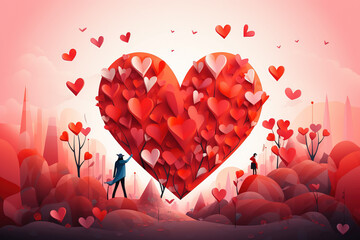 Illustration of a large red heart with many pink hearts inside, as a representation of love