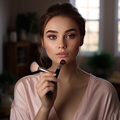 portrait of a woman applying makeup