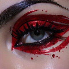 Eye makeup partial close-up red glitter eyes makeup in the style of futuristic sci-fi Generative AI