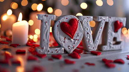 LOVE in big letters with decorative hearts, the word love in big white letters for a valentines day card background
