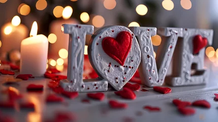 Fotobehang LOVE in big letters with decorative hearts, the word love in big white letters for a valentines day card background © ReiterPhotography