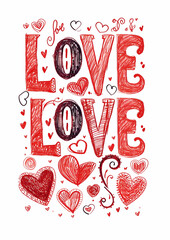 LOVE in big letters with decorative hearts, the word love in big red letters for a valentines day card background