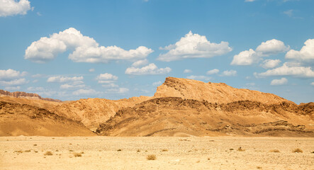 Panorama of landscape Sahara desert, sand mountains and stones sunny day. View of expanses of...