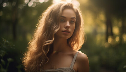Naklejka premium Young woman in nature, beauty and elegance, looking at camera generated by AI