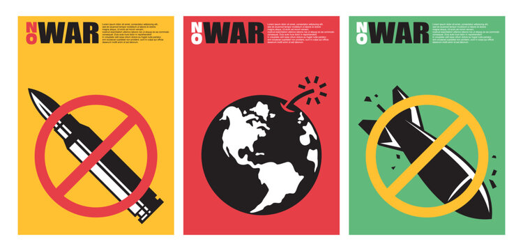 Anti war propaganda posters collection. Minimalist design with weapons, ammos and bombs graphics. Vector illustration.