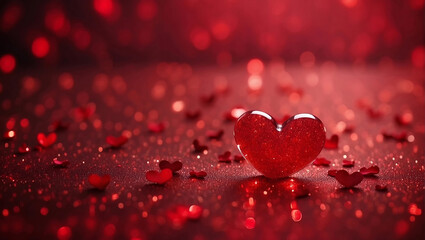 Red glossy heart on bokeh background with red sparkles. Abstract holiday background of falling red sparkles. Valentine's Day