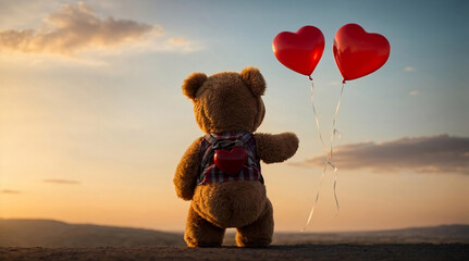 A teddy bear releases two heart-shaped balloons into the sky at sunset. Valentine's Day - obrazy, fototapety, plakaty