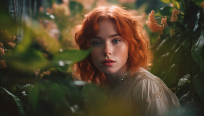 A beautiful young redhead woman in the forest, looking at camera generated by AI