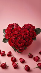Bouquet of red heart shaped roses and buds on pink background. Valentine's Day.

