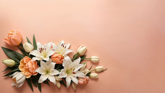 Bouquet of milk lilies and peach tulips on peach background with free space on the side of the image. Valentine's Day, International Women's Day, March 8, wedding